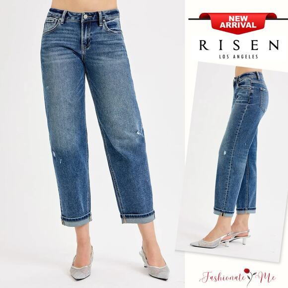 RISEN Low Rise Distressed Detail Vintage Dark Wash Cropped Boyfriend Denim Jeans